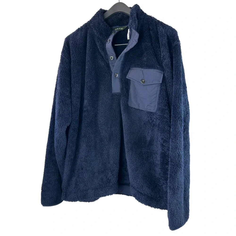 NWT Orvis 1/4 Button Fuzzy Fleece Pullover Navy Plush Sherpa Men's Sz XL H14598 - Picture 12 of 12